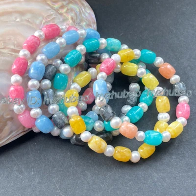 Brazalete Brazalete Elástico 9x11mm Cilindro Aguamarina Jade Gemas y Perla Blanca 7.5" Foto 1 de 4