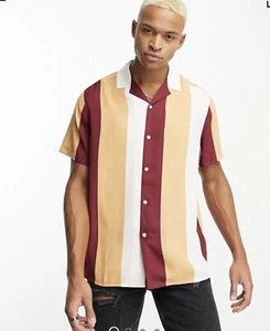 ASOS DESIGN Relaxed Camp Collar retro stripe shirt in burgundy Size: XL Long - Picture 1 of 4