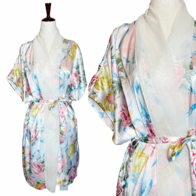 Bata de vestir vintage años 80 satinada floral con ribete de gasa Foto 1 de 4