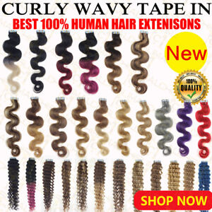 New Tape In Remy Human Hair Extensions Top 18Inch body wavy & curly PU Skin Weft