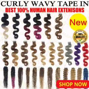 New Tape In Remy Human Hair Extensions Top 18Inch body wavy & curly PU Skin Weft - Picture 1 of 69