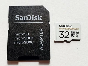 Carte microSDHC haute endurance SanDisk 32 Go UHS-I V30 classe 10 avec adaptateur - Photo 1 sur 5