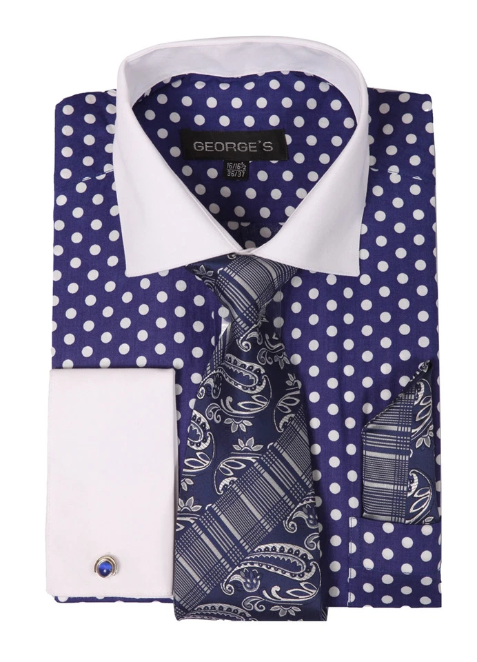 Camisa de vestir de algodón con puño francés a lunares para hombre con conjunto de corbata y pañuelo #613  Foto 1 de 4