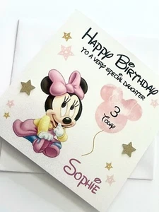 Personalised Childrens Minnie Mouse Birthday Card relationship 1st 2nd Any Age - Picture 1 of 6