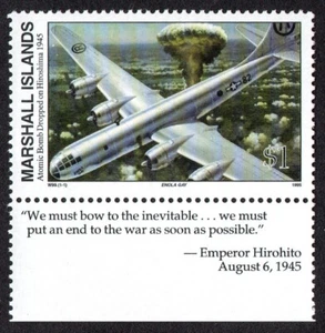 MARSHALL ISLANDS, SCOTT # 520, WITH TAB - ATOMIC BOMB DROPPED ON HIROSHIMA, WWII - Picture 1 of 1