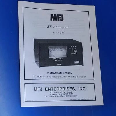 MFJ-834 RF Ammeter Instruction Manual, New Old Stock - Image 1 of 2