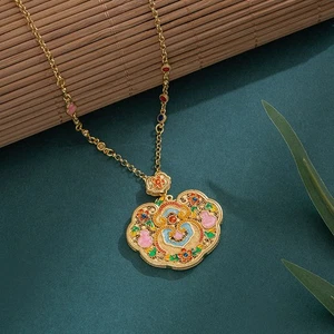 Collar colgante con bloqueo de corazón esmalte calabaza estilo palacio vintage para mujer - Imagen 1 de 10