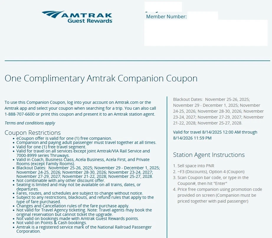 Cupón Amtrak Companion, caduca 14/08/2026 Foto 1 de 1
