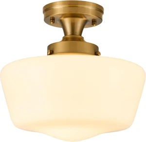 Gold Schoolhouse Light Fixture - Vintage Milk Glass Ceiling Light Fixture - Picture 1 of 6