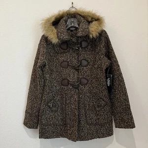 Coffee Shop Brown Boucle Jacket Sz M Toggle Button Faux-Fur Hooded Peacoat NWT - Picture 1 of 16