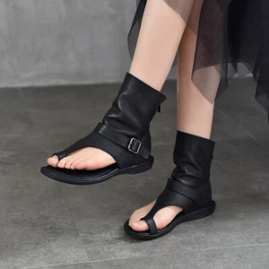 Flache Damenstiefel Gürtelschnalle runde Spitze Leder Kurzstiefel Sommer Römer Sandalen - Bild 1 von 11