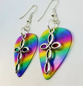 Cross Charm Guitar Pick Earrings with Surgical Steel Earwires - Picture 1 of 27