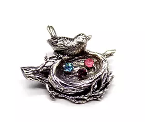 Vintage Anson Sterling Silver Brooch Bird Nest Blue Pink Purple Rhinestone Eggs - Picture 1 of 5