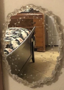 Vintage Italian Murano Beaded Etched Glass Oval Wall Mirror - Picture 1 of 7