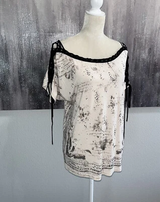 Miss Me Rhinestone Embellished Lace Up Neck Short Sleeve Jersey Stretch Top S - Image 1 of 4