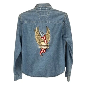 Vintage Harley Davidson Womens S Jean Denim Jacket Eagle USA Flag Embroidered  - Picture 1 of 11