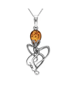 Ciondolo Polpo Ambra Media Argento Sterling 925 Forma di Pera Pietra Preziosa Polpo - Foto 1 di 1