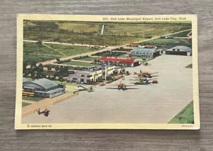 Salt Lake City Utah UT Municipal Airport Airplane Linen Postcard - Picture 1 of 2