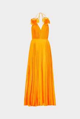 MILLY Tangerine Evie Pleated 3D Rosette Halter Tie Open Back Maxi Dress 8 = M - Image 1 of 4