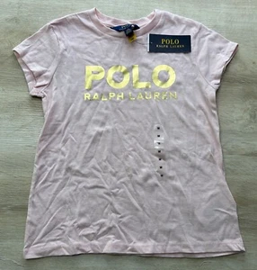 NWT Polo RALPH LAUREN Girls T SHIRT Pink M (8-10) Cotton TEE GOLD Metallic Logo - Picture 1 of 4