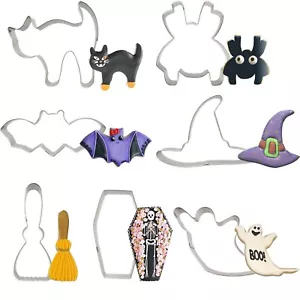 7 PCS Halloween Cookie Cutters Set Metal Cat Witch Hat Ghost Spider Coffin Broom - Picture 1 of 7
