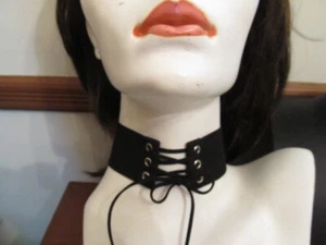 Punk Goth schwarz Wildleder String Schnür Korsett silberfarben Öse Halsband Halskette - Bild 1 von 6