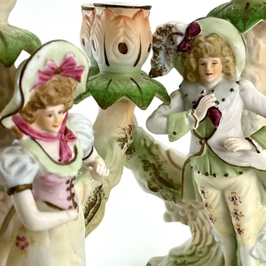 Vntg Paulux Japan Bisque Porcelain 3 Slot Candelabra Pair FLAWED Rococo Couple - Picture 1 of 22