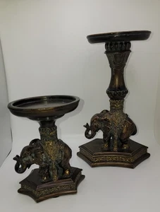 2er Set Vintage verziert Harz Elefant Figur Stumpenkerzenhalter 8" & 4"  - Bild 1 von 24