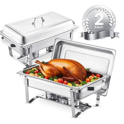 2 Pack 8Qt Chafing Dish Buffet Set Stainless Steel w/ Fuel Holder & MealClip - Image 1 of 4