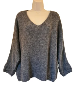 Italienischer Mohair Wolle Pullover Pulli V-Ausschnitt grau Strick oversized One Size UK 10-16 - Bild 1 von 13