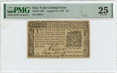 1776 August 13, $2 New York Colonial Note FR#NY-202 PMG VF25 Birds - Image 1 of 2