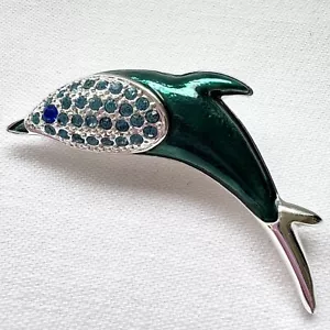 Vintage Liz Claiborne Signed Rhinestone Teal Enamel Figural Dolphin Brooch Pin - Picture 1 of 6