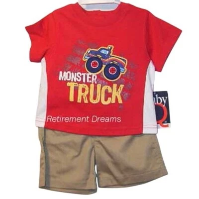 BABY Q 3 6 Meses Infantil Caqui Camisa Top Pantalones Cortos CONJUNTO Monster Truck NUEVO Foto 1 de 2