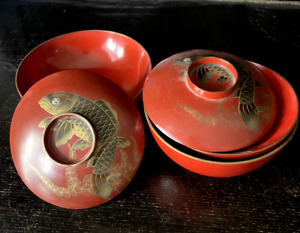 Japanese Meiji Period 19th Century Red Lacquer Bowl Set with Lids