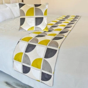 Luxury Yellow Cotton Twin Bed Runner, Emboroidered, Geometric - Geo Fusion - Picture 1 of 5