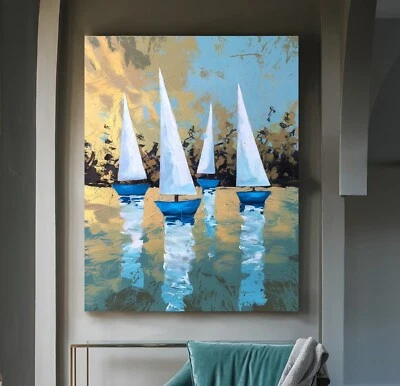 XL LEINWAND BILDER BIS 160x120x5 SEGEL-BOOTE SCHIFFE GEMÄLDE BLAU MEER ABSTRAKT - Bild 1 von 3