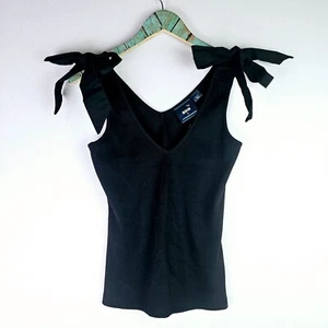 Maeve The Rafaela Bow-Tie Tank Ribbed Deep-V Big Bow Shoulders Black Sz S - Picture 1 of 7