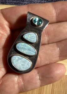 Unique Artisan Beautiful Natural Opal & Blue Topaz Sterling Silver Pendant - Picture 1 of 22