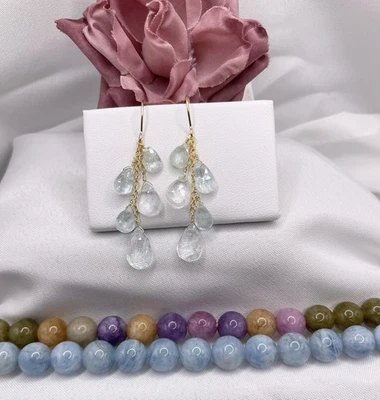 Aquamarine Earrings Natural Briolette Gemstone Drop Dangle  14K Gold Filled - Image 1 of 4