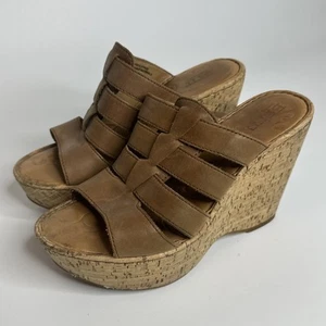 Born Leather Cork Wedge Sandals Size 6 Y2K Platform Slip On Boho Comfort Summer - Picture 1 of 13