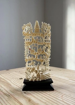 Antique Chinese Hand Carving Of Mountain Village Scene On Wooden Stand - Image 1 of 4