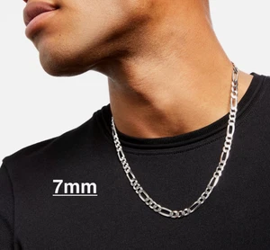 Collar y pulsera de cadena sólida Figaro de 7 mm de plata de ley 925 real para hombre - Italia - Imagen 1 de 4