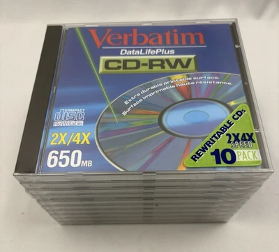 Verbatim Data Life Plus 10-Pack CD-RW Blank CD w/ Jewel Cases 650 MB NEW - Image 1 of 3