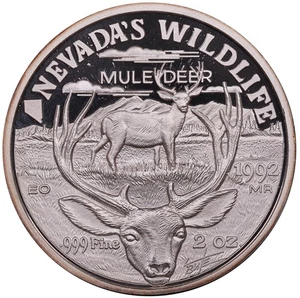 1992 NV Heritage Nevada's Wildlife Mule Deer 2 oz .999 Silver Round with Nugget - Imagen 1 de 2