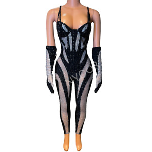 Black And White Sexy Rhinestones Jumpsuit Party Club Outfit Anniversary Costume