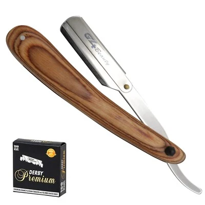 Maquinilla de afeitar de borde recto profesional barbero artificial mango de madera cuchillas acero Foto 1 de 4