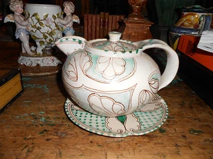 Tetera italiana modernista antigua de cerámica muy rara con plato - Imagen 1 de 4