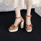 Damen-Sandalen aus echtem Leder quadratische Zehenpartie Blockabsätze Schnalle Riemen US 5-8