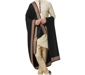 Men's Woven Border Woolen Lohi Shawl 50" X 100" Black US - Picture 1 of 3