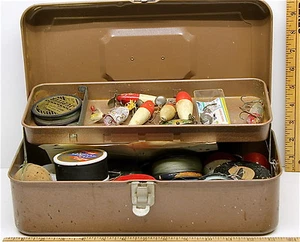 Vintage Fishing Tackle Spinners Hooks Lead Weights Floats Nylon Line Metal Box - Picture 1 of 7